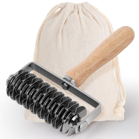 JuyVerq lattice roller cutter in action on dough for decorative crusts.