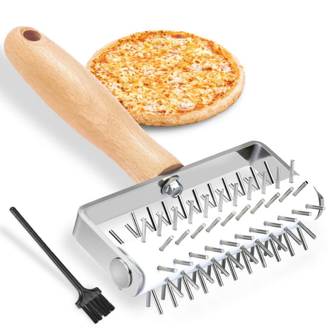 JuyVerq pizza dough docker with stainless steel spikes and wood handle for durable performance.