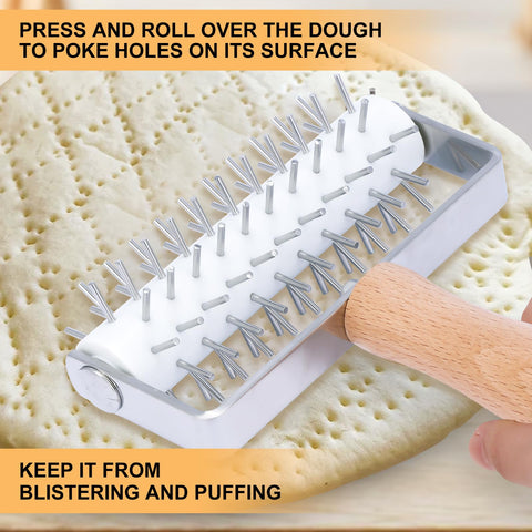 JuyVerq pizza dough docker wood handle close-up highlighting comfortable grip.