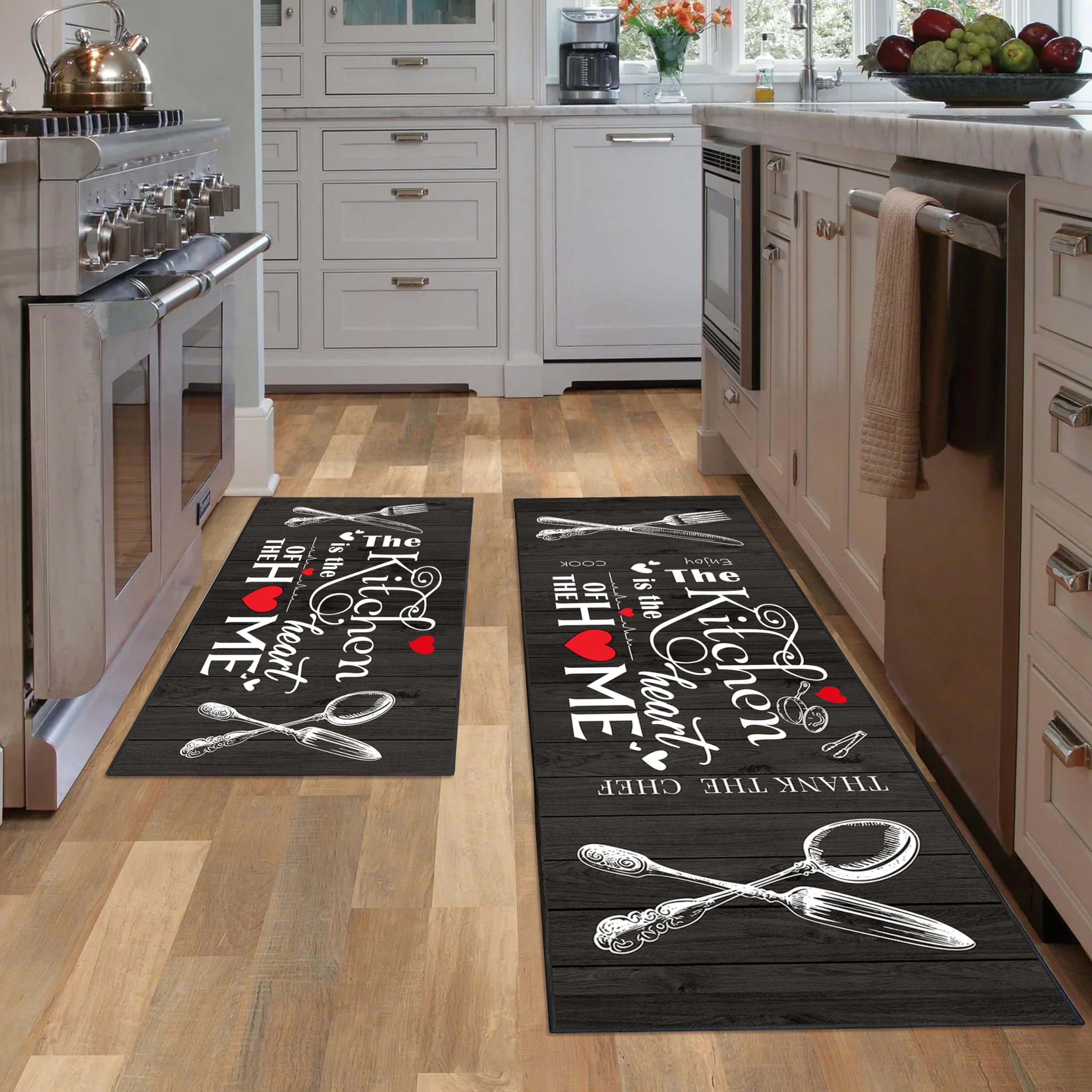 JWXCBIM Farmhouse Kitchen Rug set, top view, coordinating two-piece design for warm floors.
