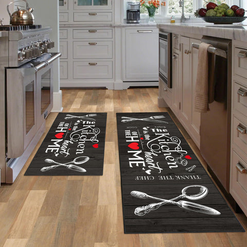 JWXCBIM Farmhouse Kitchen Rug set, top view, coordinating two-piece design for warm floors.