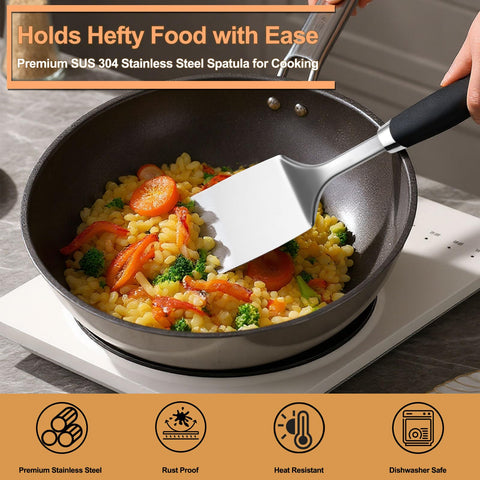JXWING 13-inch spatula with silicone handle keeps hands safe from heat.