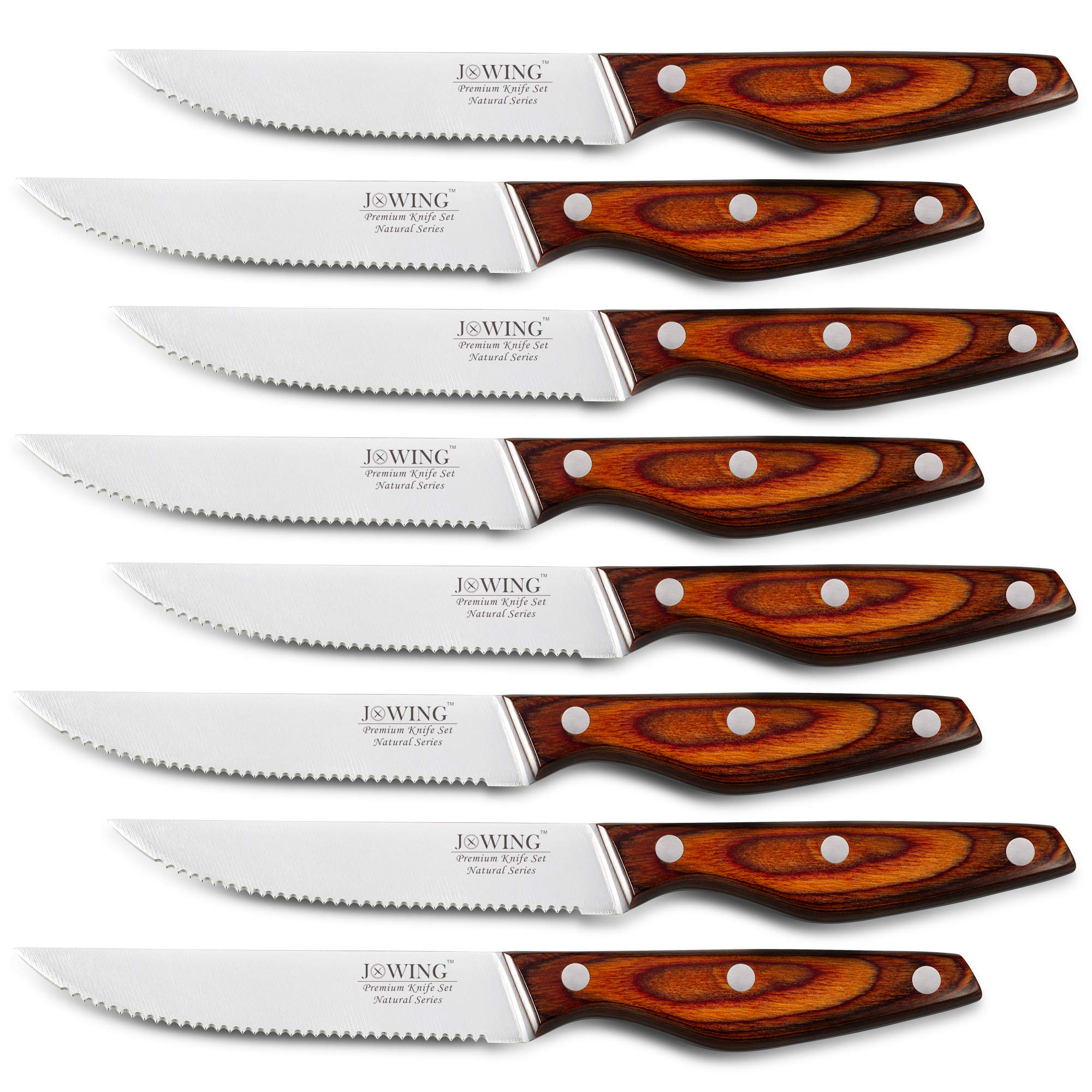 JXWING professional 8-piece steak knife set with pakkawood handles for elegant dining