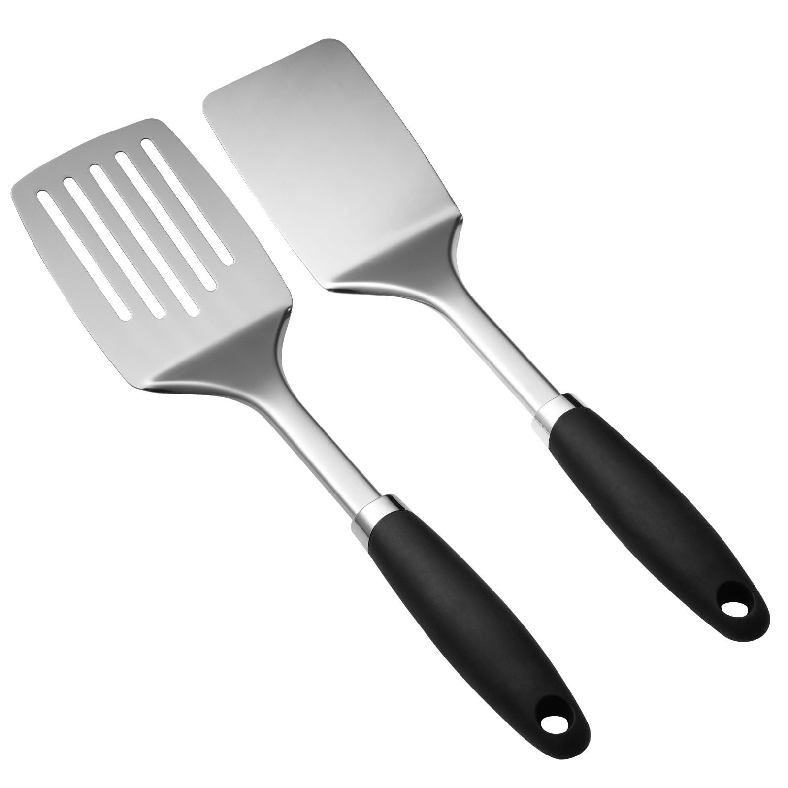 JXWING stainless steel spatula solid turner with heat-resistant silicone handle for precise flipping.