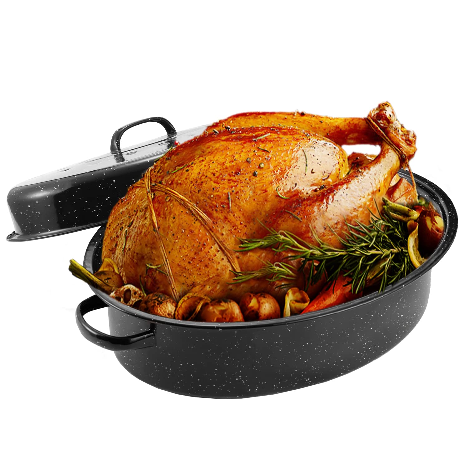 JY COOKMENT Granite Roaster Pan interior shows a roomy 15 by 11 inch cavity.