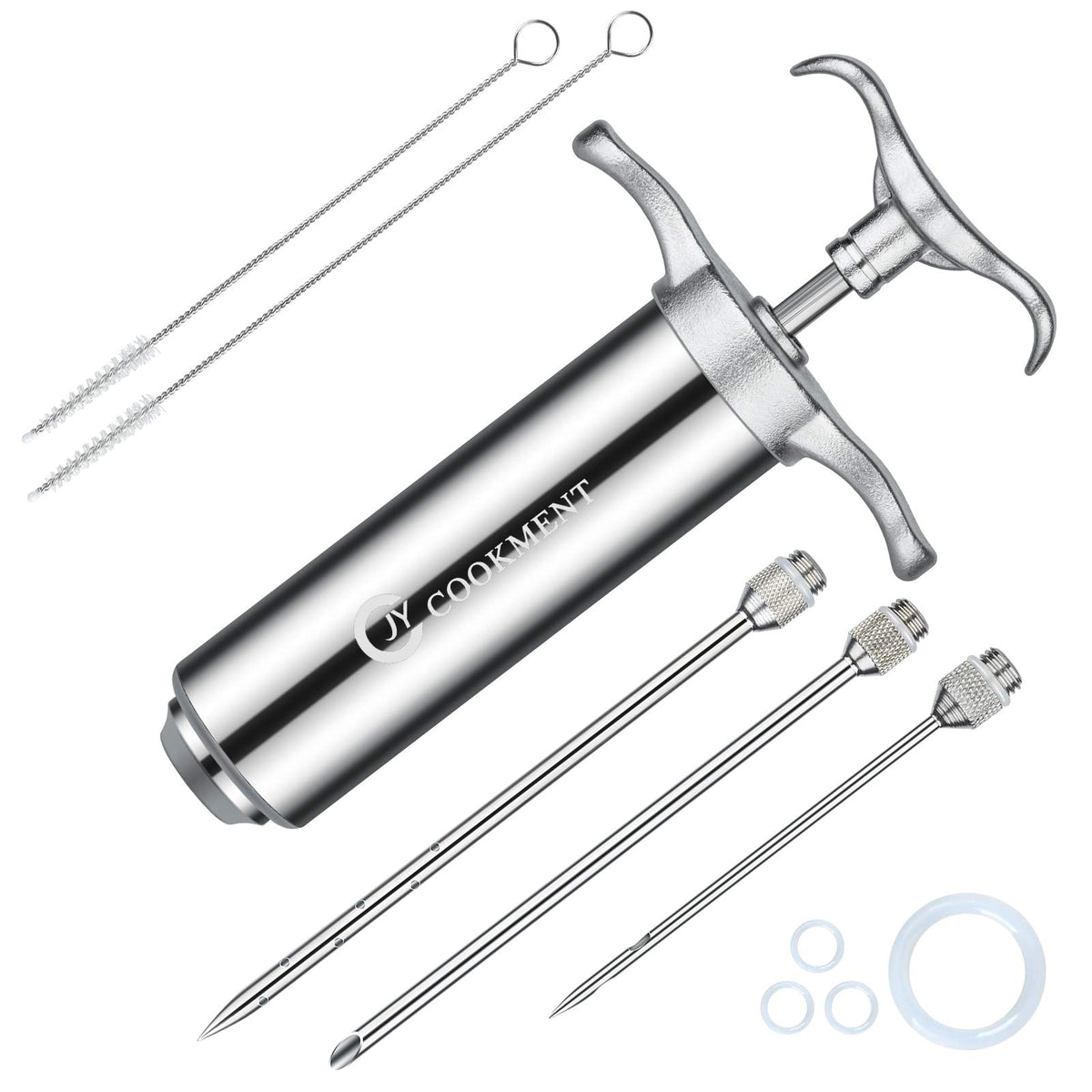 JY COOKMENT meat injector barrel shows 2 oz capacity for even flavor penetration