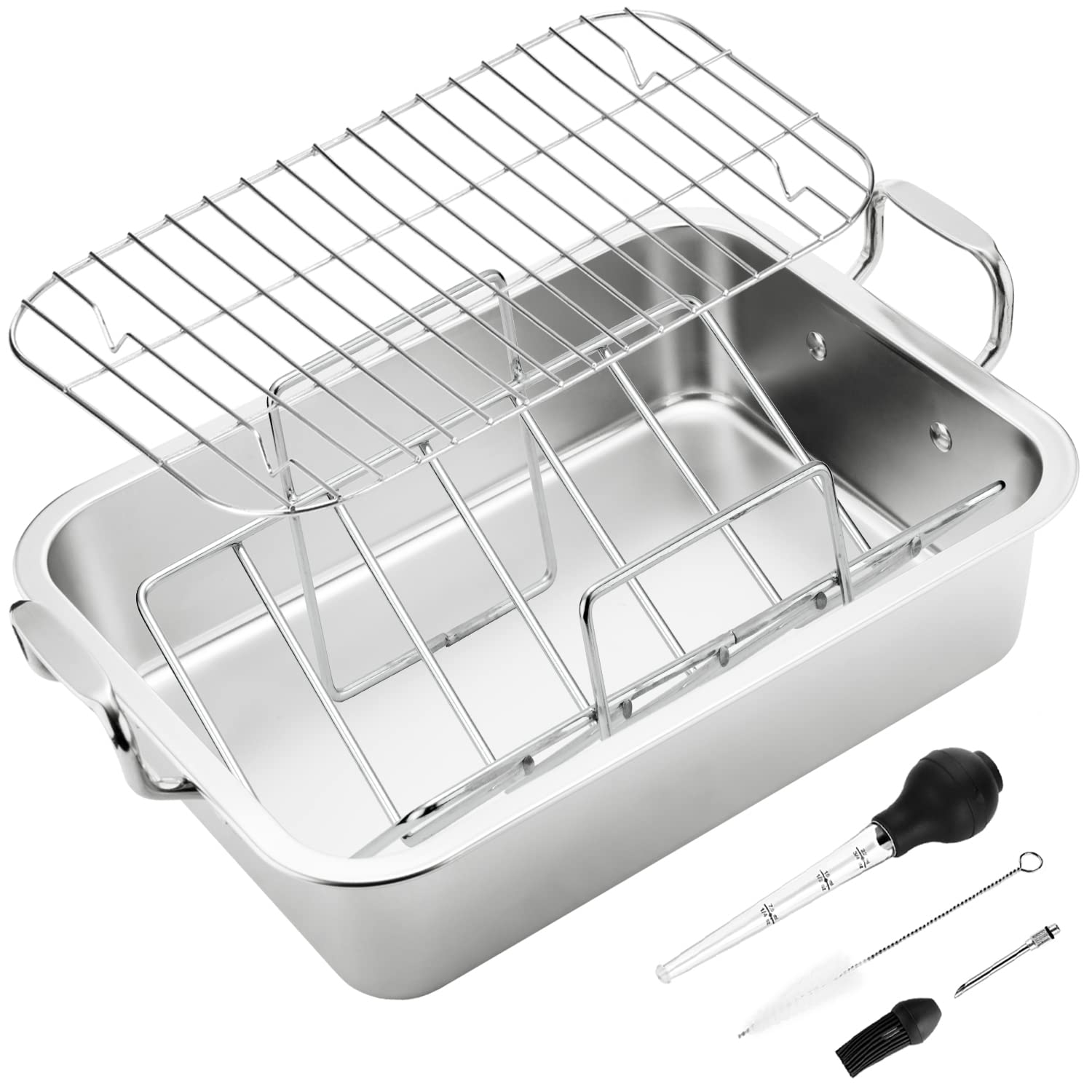 JY COOKMENT V-shaped rack inside pan shows sturdy support for juicy roasts.