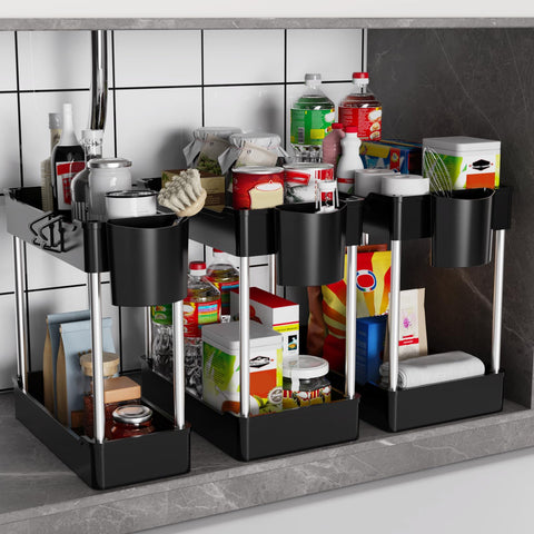 JYSMYWS under-sink organizer three-pack front view for compact storage.