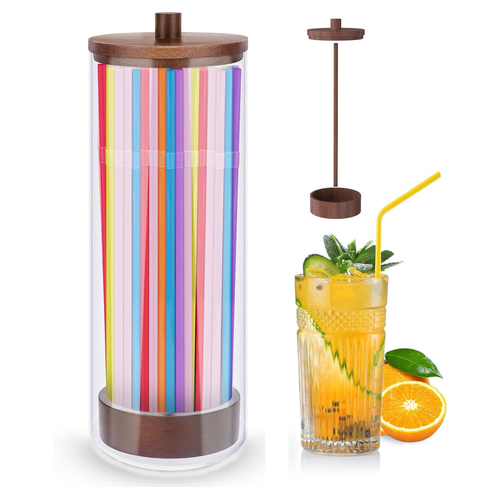 JYPS 10-Inch Acrylic Straw Dispenser with bamboo lid on a kitchen counter.