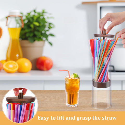 JYPS dark brown wooden tray supports the clear straw dispenser.