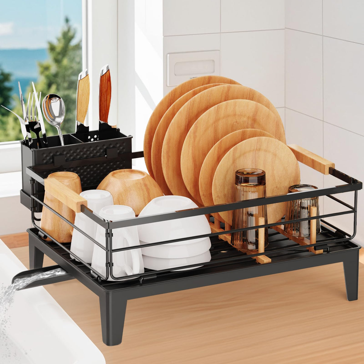 JYPS dish drying rack with rotatable drainer keeps counters dry and organized