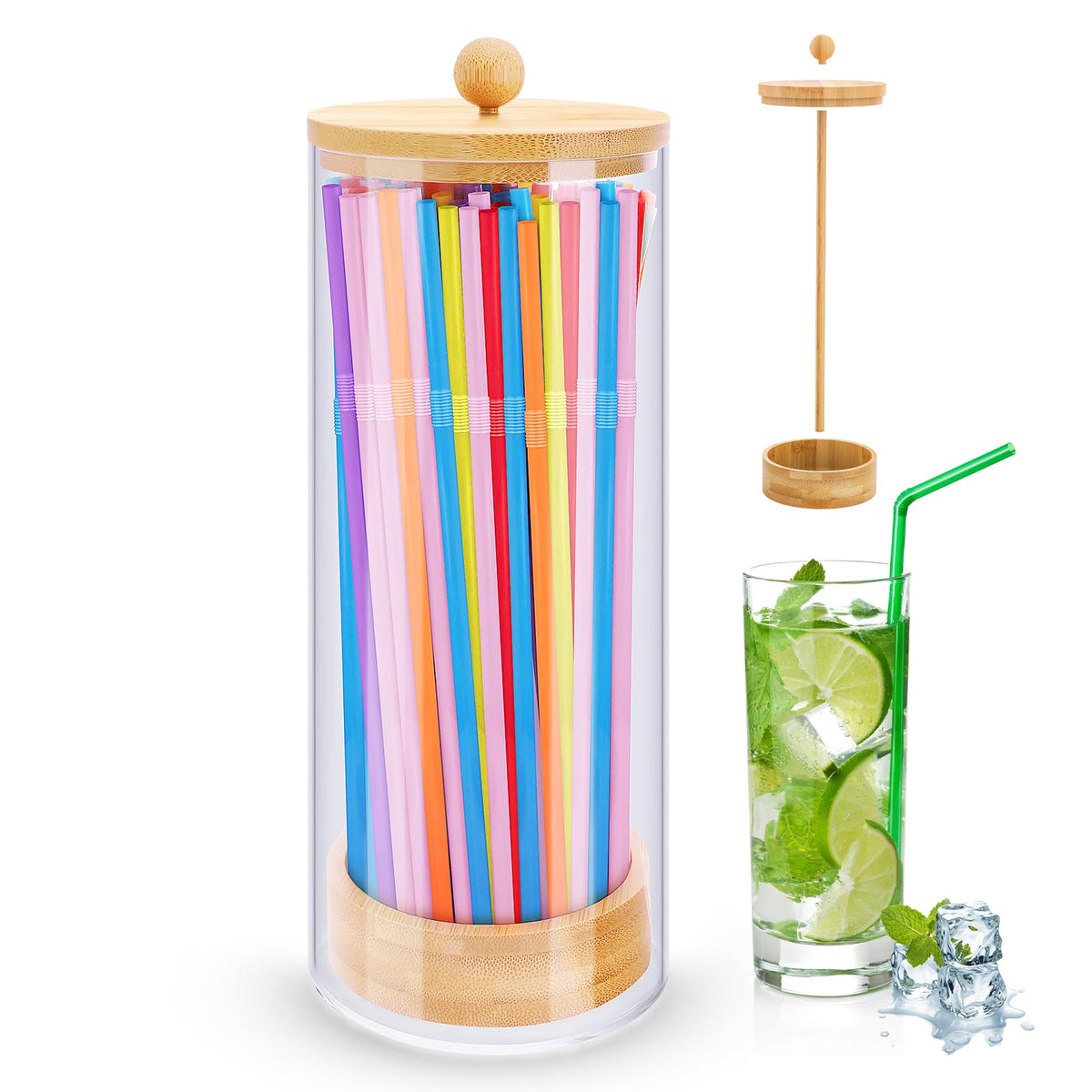 JYPS straw dispenser with bamboo lid on countertop for easy access and clean storage.