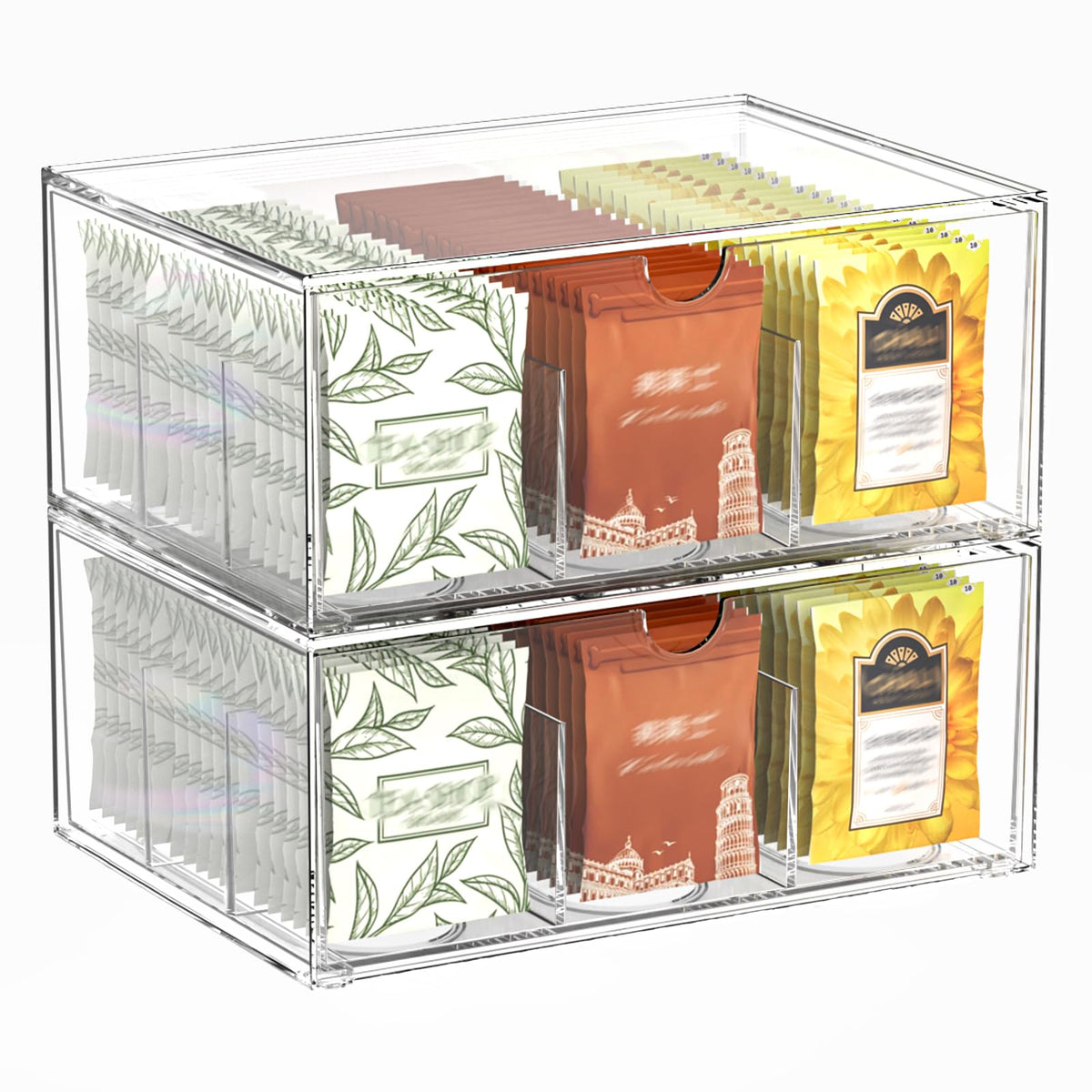 Jywantful 2-pack clear tea bag organizer with stackable drawers for organized pantry and quicker tea prep