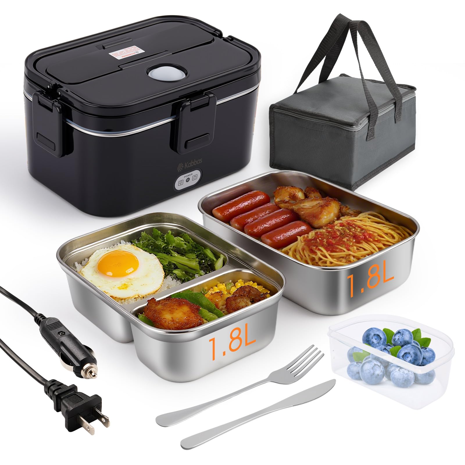 Kabbas 1.8L lunch box, front view, portable and ready to heat meals at the office.