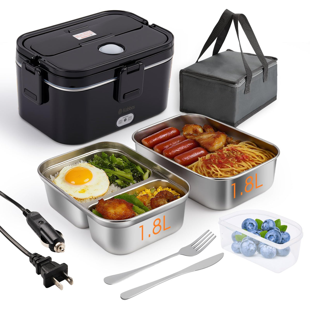 Kabbas 1.8L lunch box, front view, portable and ready to heat meals at the office.