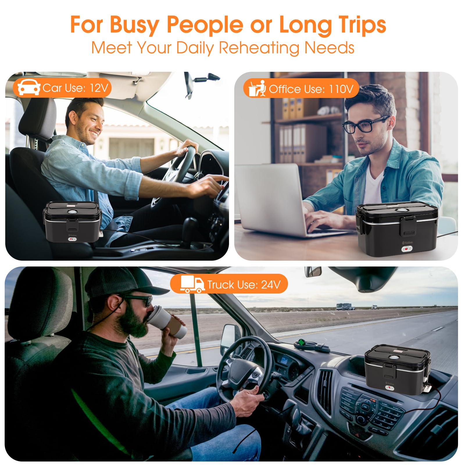 Kabbas lunch box in car use highlights 12V/24V compatibility for hot meals.