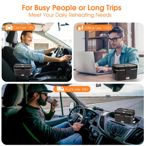 Kabbas lunch box in car use highlights 12V/24V compatibility for hot meals.