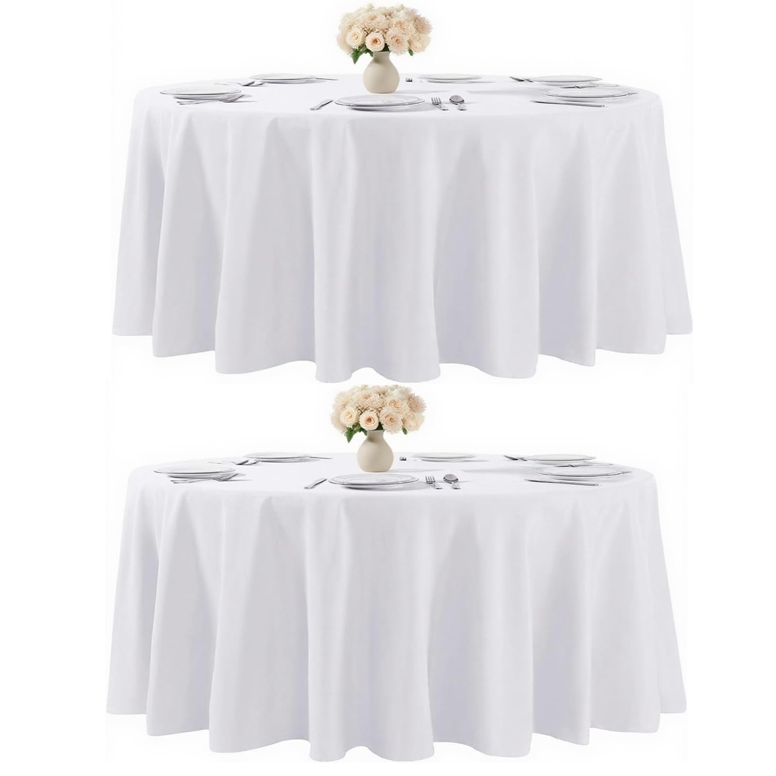Kachanaa round white 90-inch tablecloth on a dining setup for elegant coverage