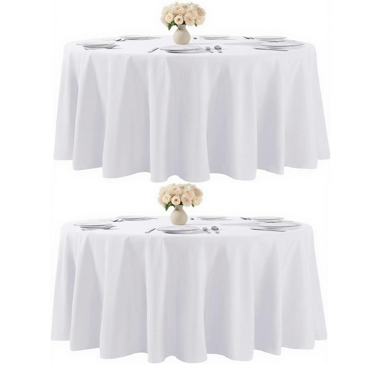Kachanaa round white 90-inch tablecloth on a dining setup for elegant coverage