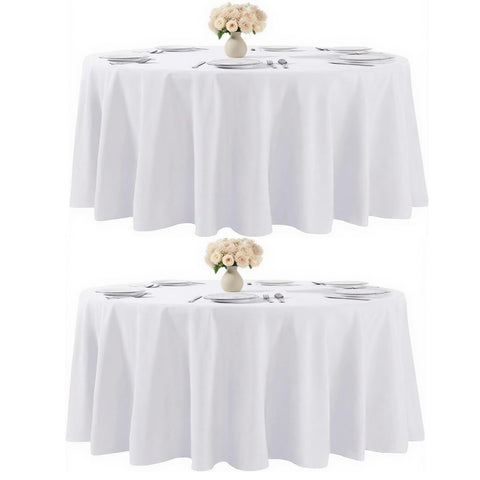 Kachanaa round white 90-inch tablecloth on a dining setup for elegant coverage