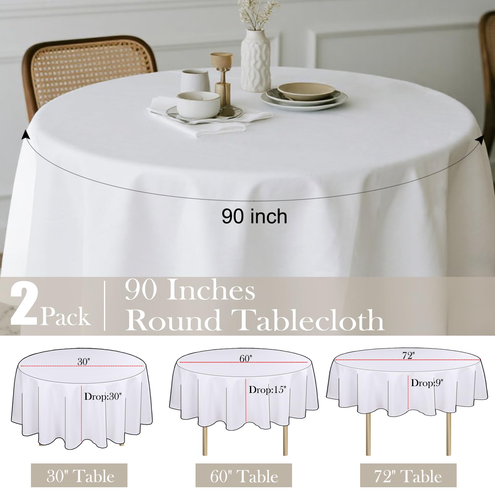 Kachanaa 90-inch white round tablecloth close-up fabric detail highlighting durability