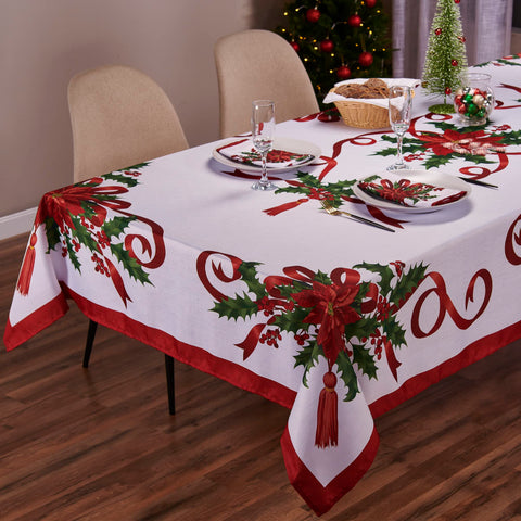 Kadut Christmas Ribbon Tablecloth 60x102-inch on a 6ft rectangular table for festive setups