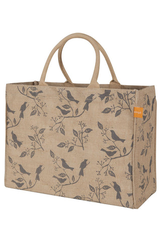 KAF Home jute market bag with birds print, ideal for groceries and markets.