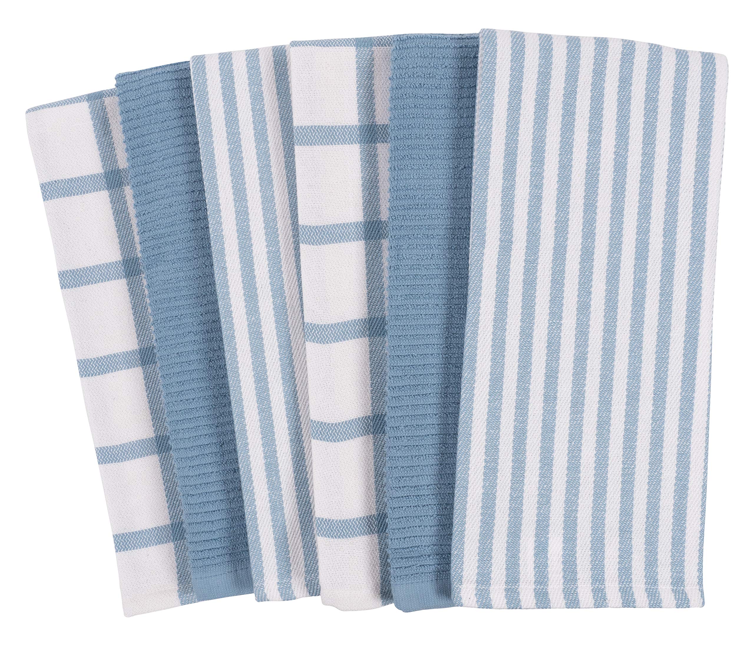 KAF Home faded denim towels on rack highlight color-coordinated kitchen tools.
