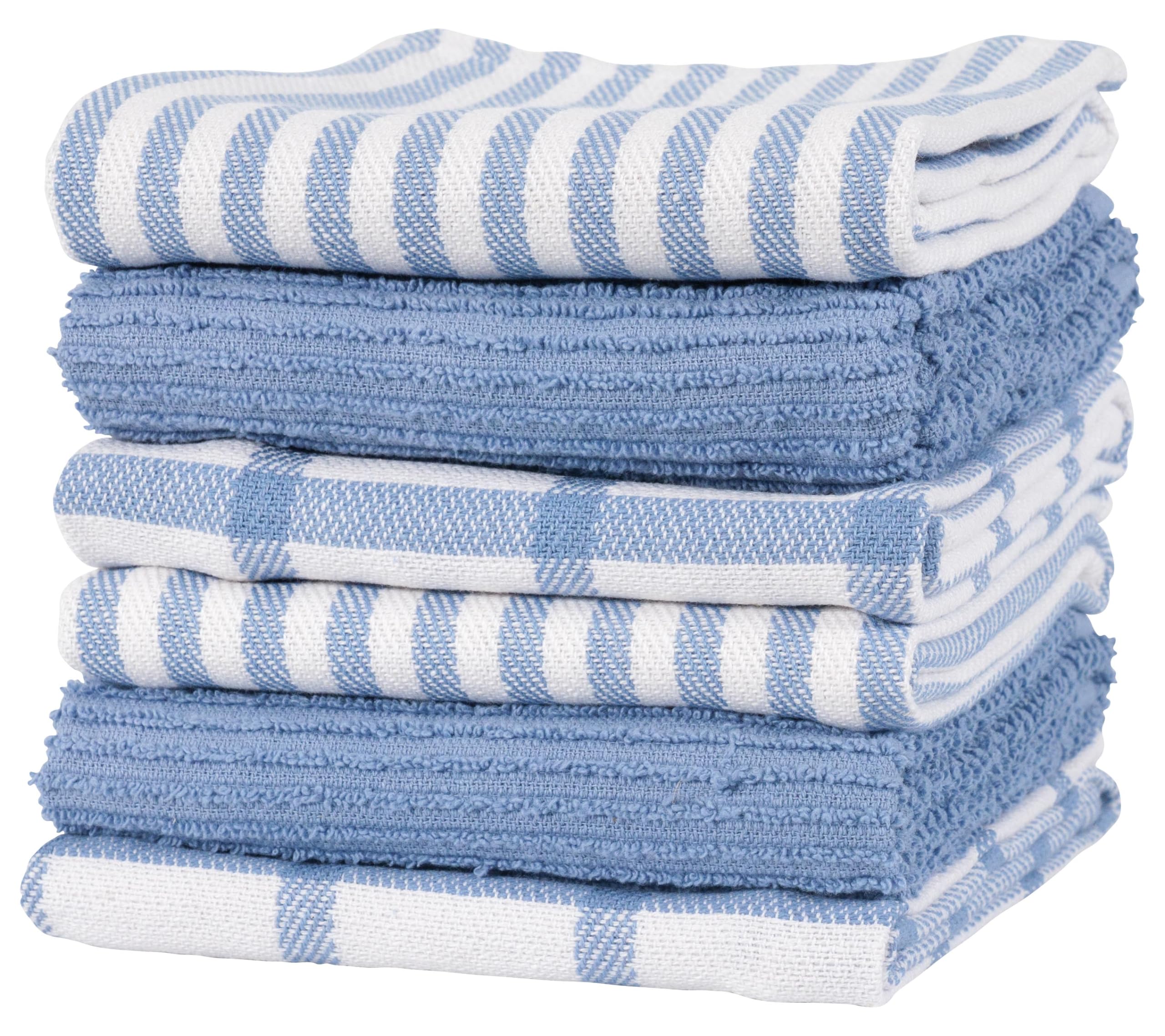 KAF Home premium kitchen towels in faded denim flat set ready for drying and cooking.