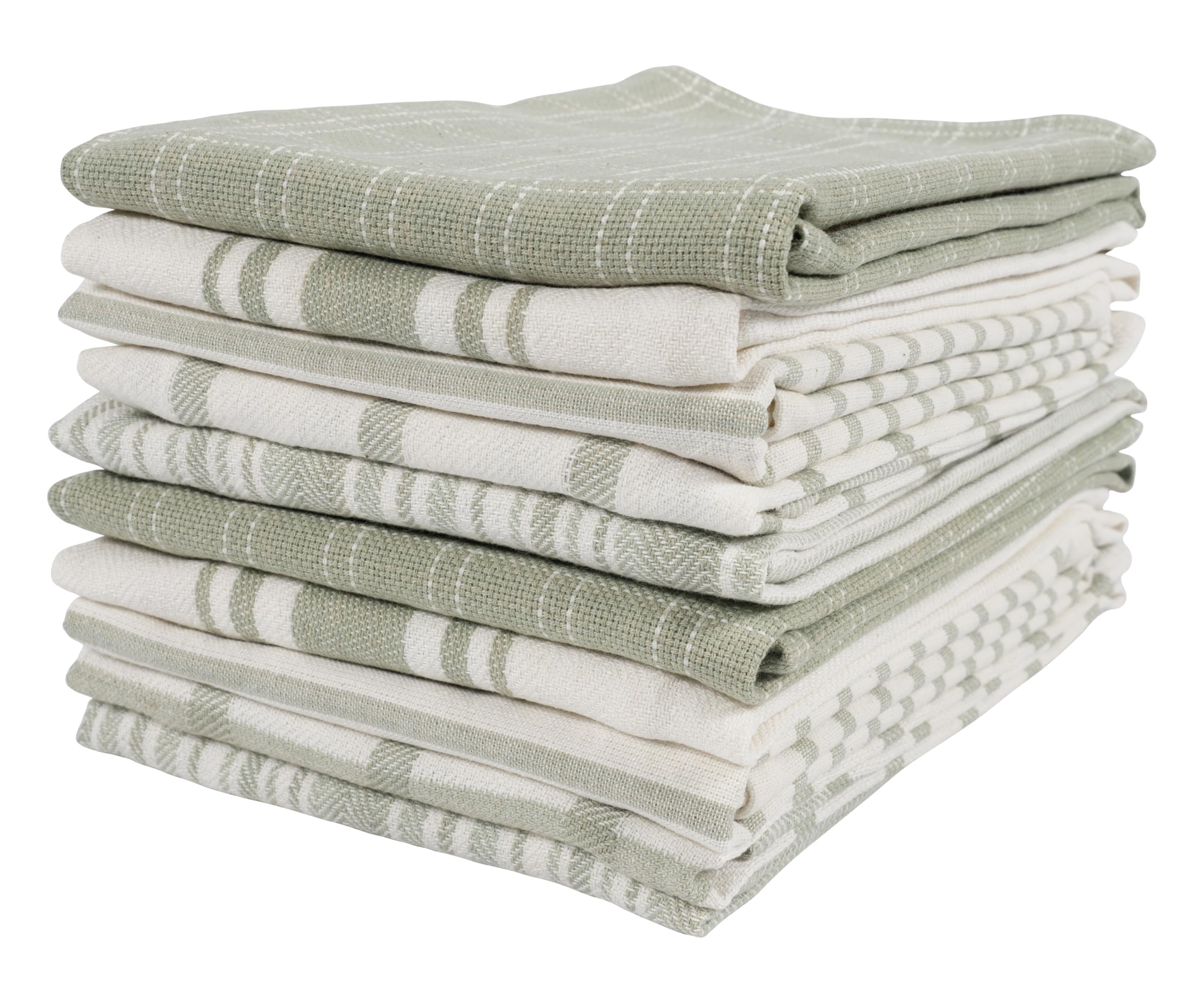 KAF Home Sage flat kitchen towels close-up, 18x28, highly absorbent for quick dish drying.