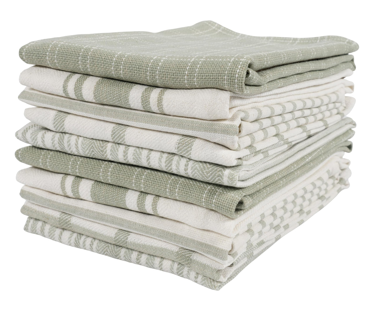 KAF Home Sage flat kitchen towels close-up, 18x28, highly absorbent for quick dish drying.