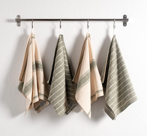 KAF Home olive slubbed kitchen towel folded, highlighting compact storage and farmhouse style.