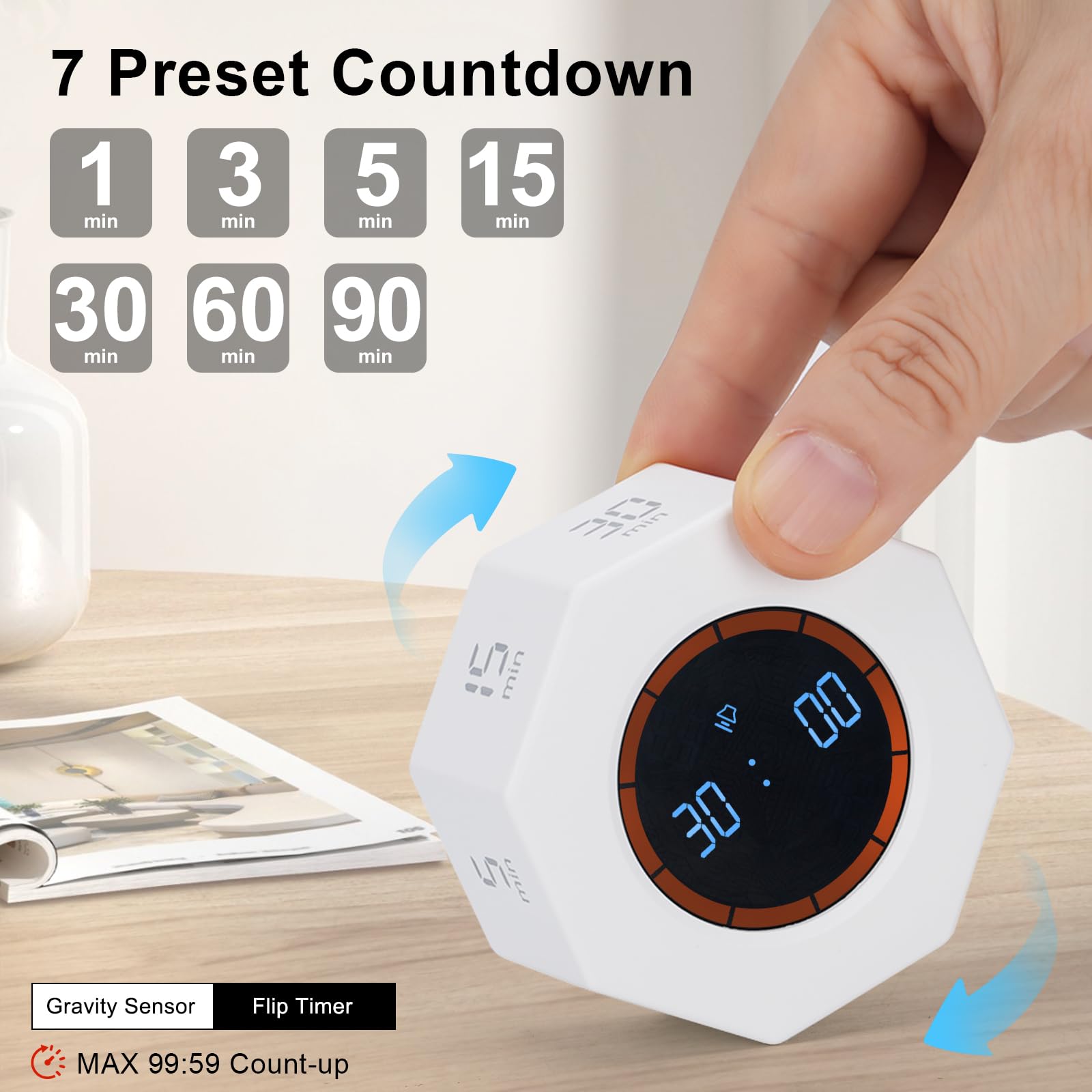 Kaflin gravity-sensor timer rotates for easy readability during tasks.