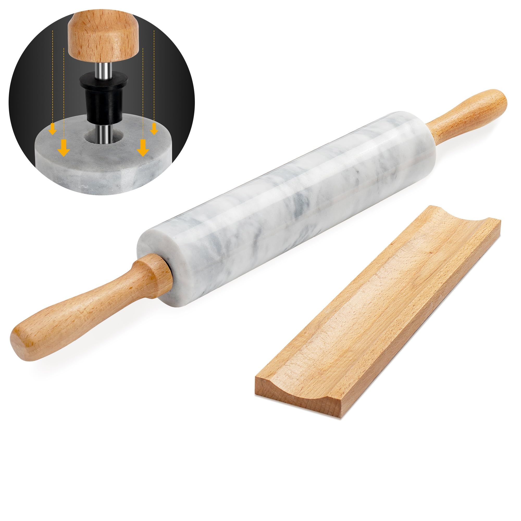 KAFOOR marble rolling pin on cradle display for elegant countertop storage.