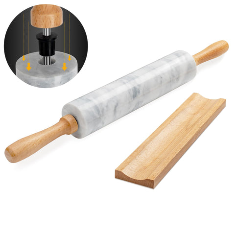 KAFOOR marble rolling pin on cradle display for elegant countertop storage.