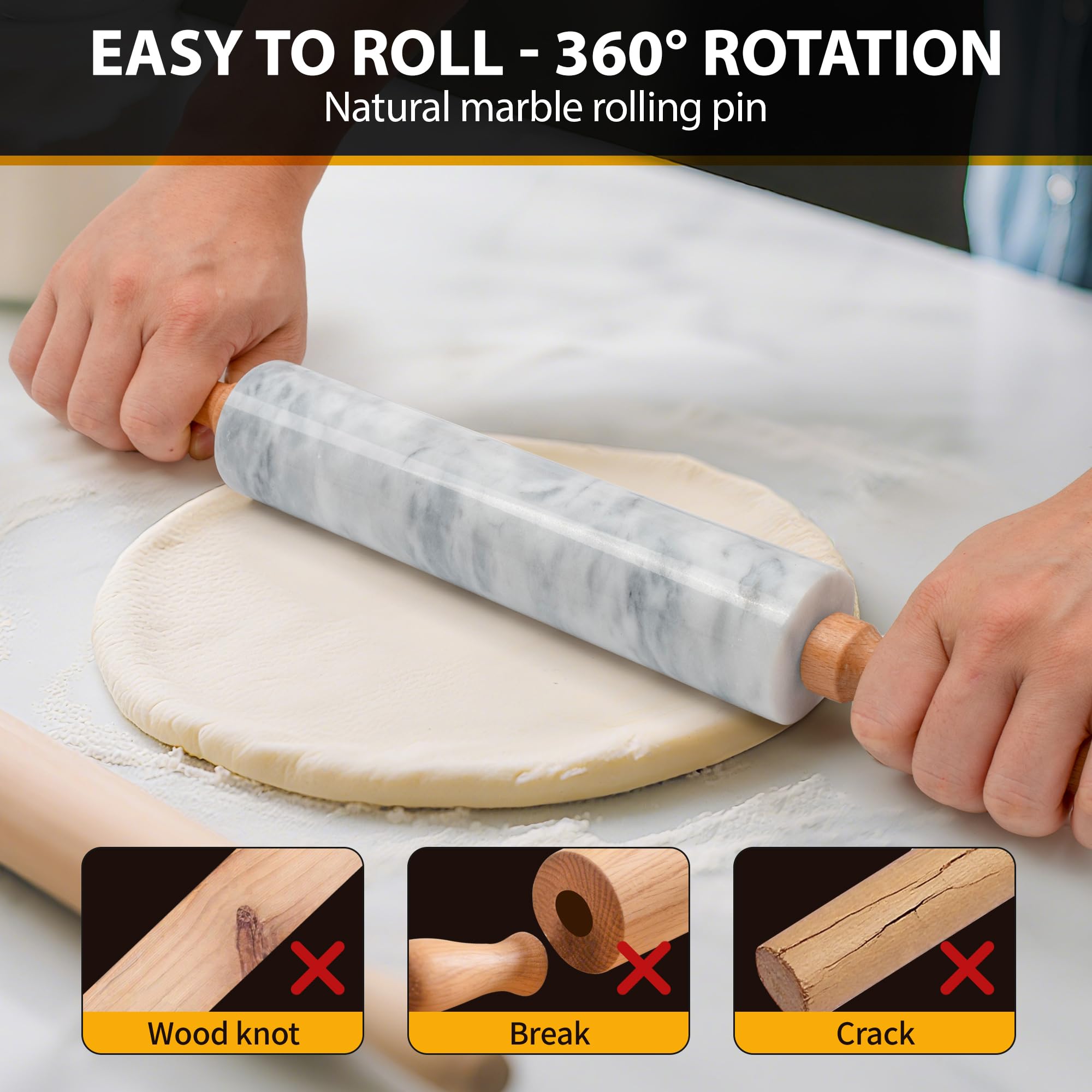 KAFOOR marble rolling pin ideal for pizza dough and even crusts.
