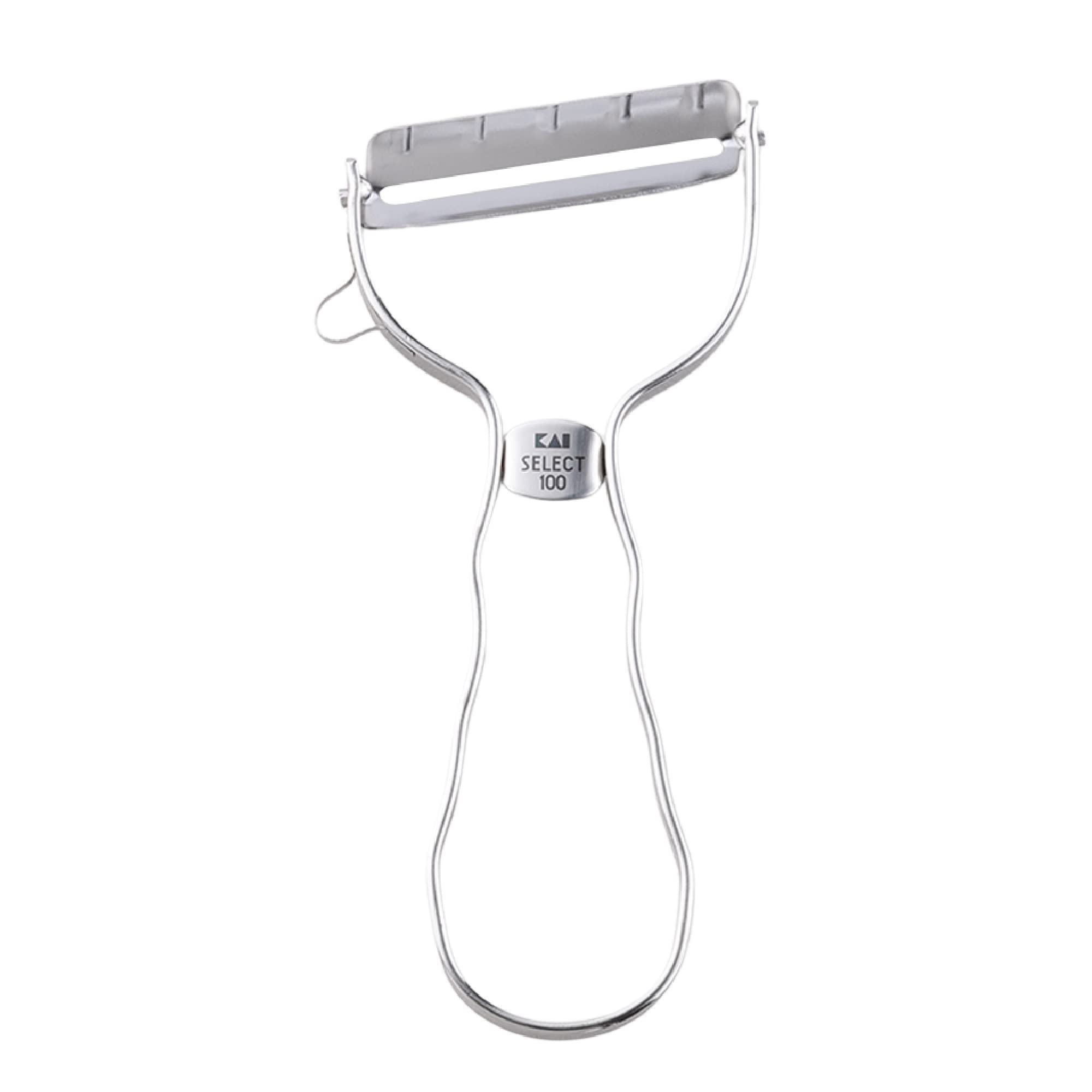 Kai Select 100 T-Peeler blade close-up shows a sharp stainless steel edge for quick peels.