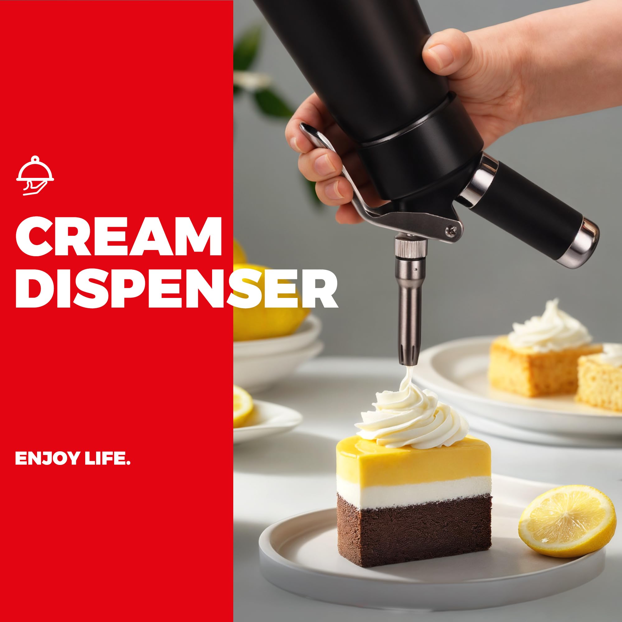 Kaiser Chef whipped cream dispenser used for dessert topping on a plated dish