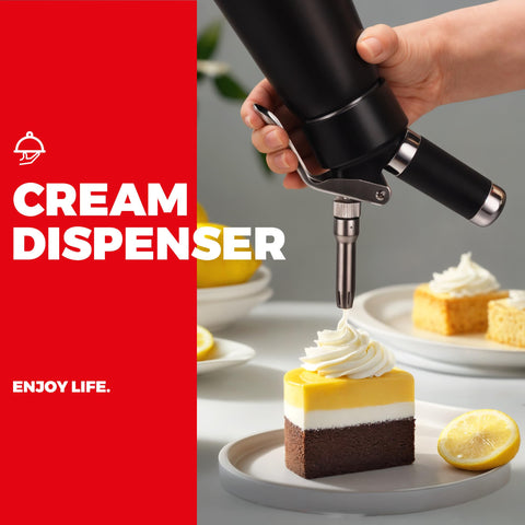 Kaiser Chef whipped cream dispenser used for dessert topping on a plated dish