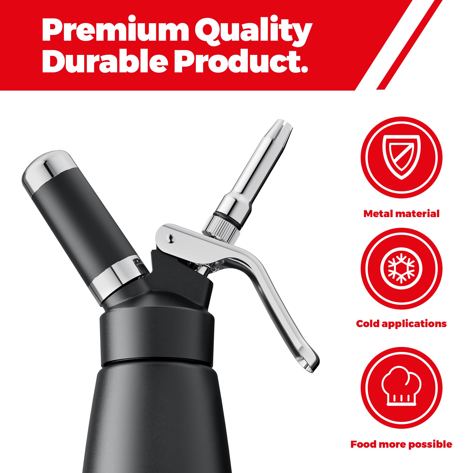 Kaiser Chef black finish dispenser shown with accessories for quick dessert prep