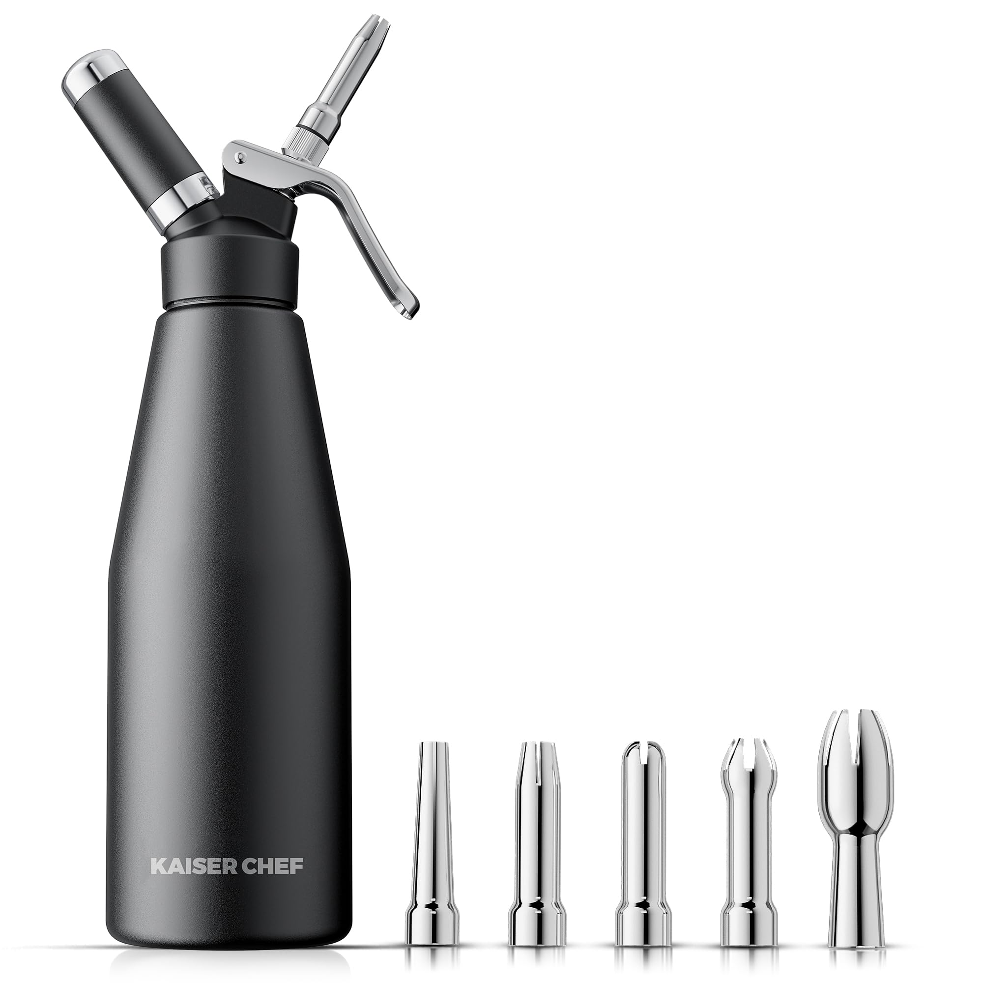 Kaiser Chef professional whipped cream dispenser on counter showing 1000ml capacity for cafe-quality toppings