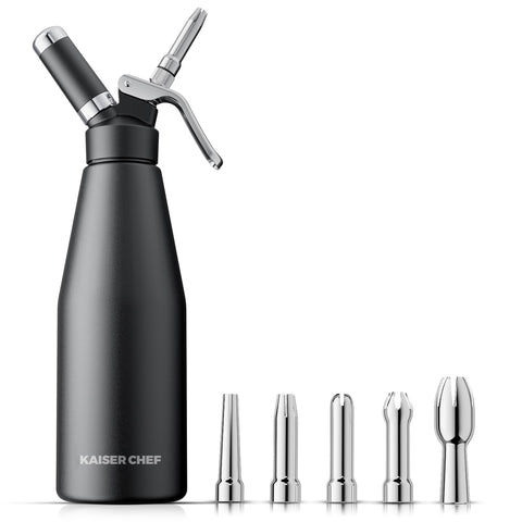 Kaiser Chef professional whipped cream dispenser on counter showing 1000ml capacity for cafe-quality toppings