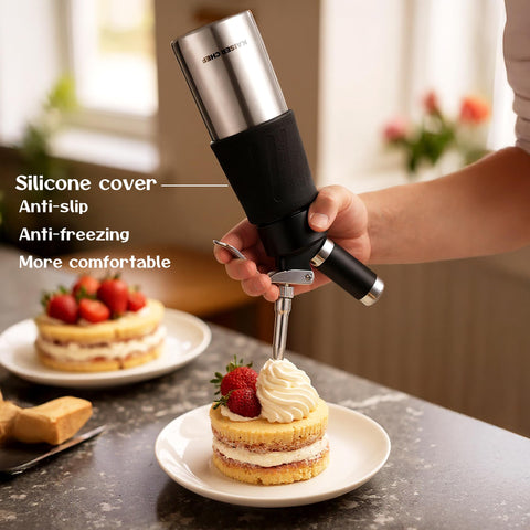 Kaiser Chef aluminum head on display for fast, smooth whipped cream textures