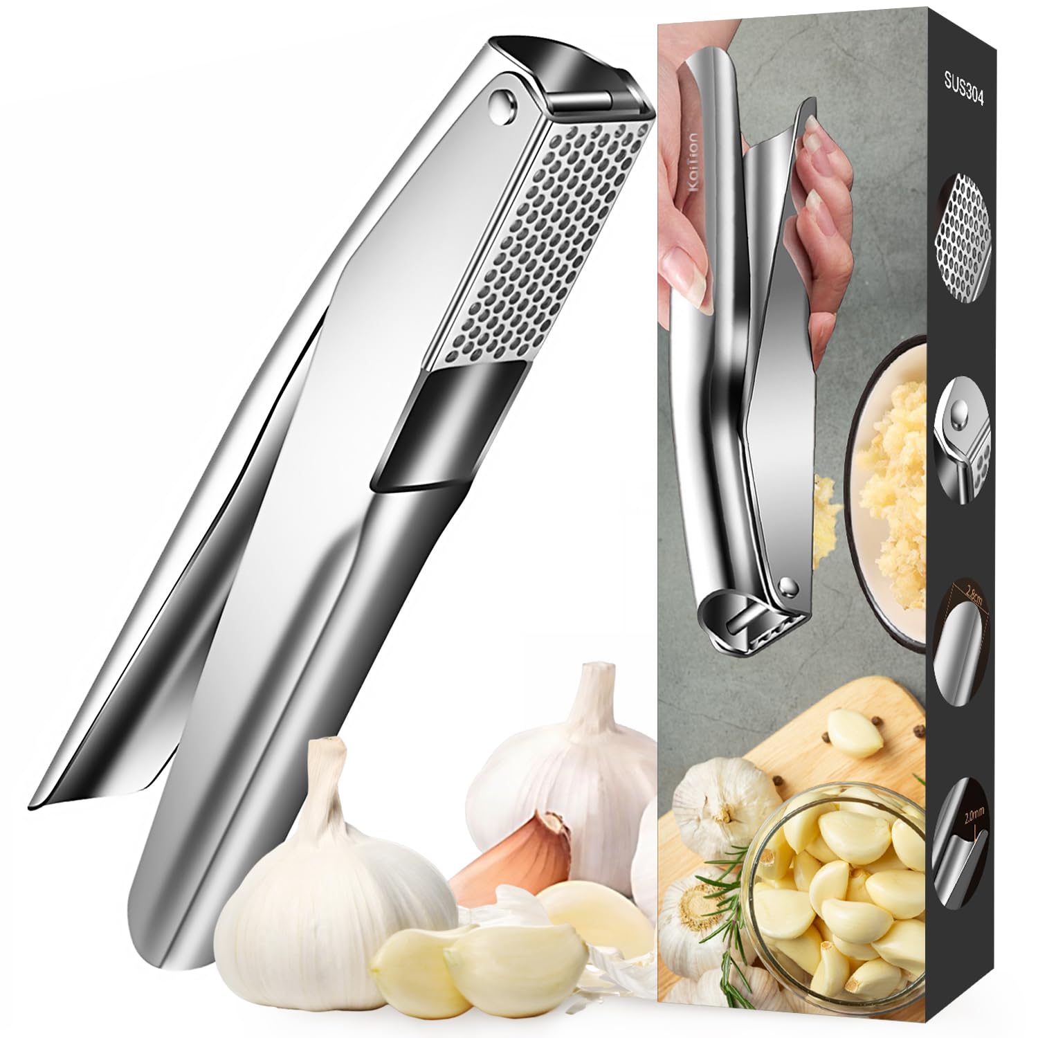 KAITION garlic press front view shows sleek stainless steel and durable daily-use design.