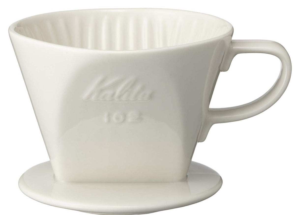 Kalita 2001 102 ceramic dipper, white front view, balanced pour