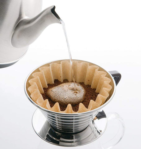 Kalita Wave 155 in-use with cup demonstrates a compact setup ideal for 1-2 servings