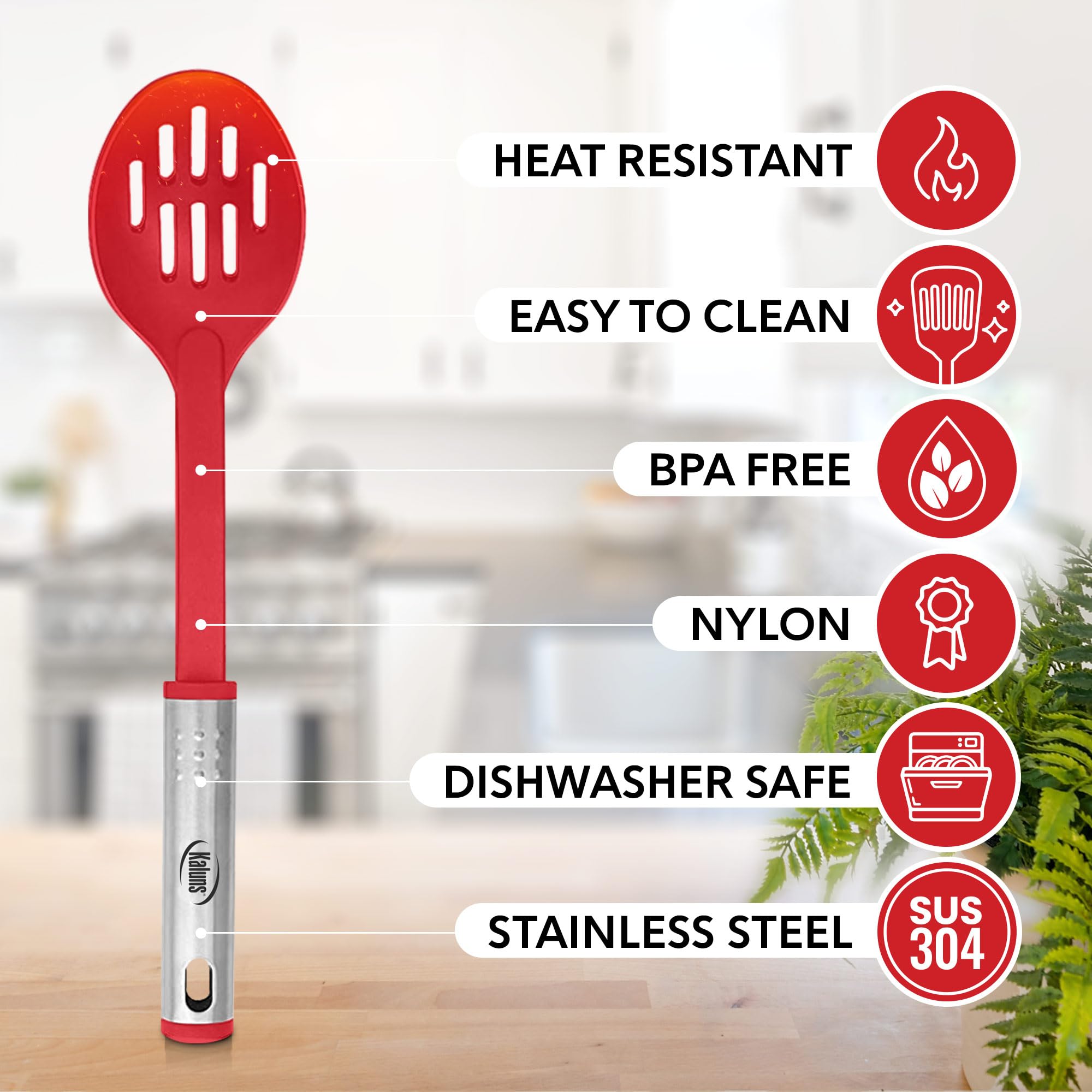 Kaluns slotted turner helps lift foods with drainage while cooking.