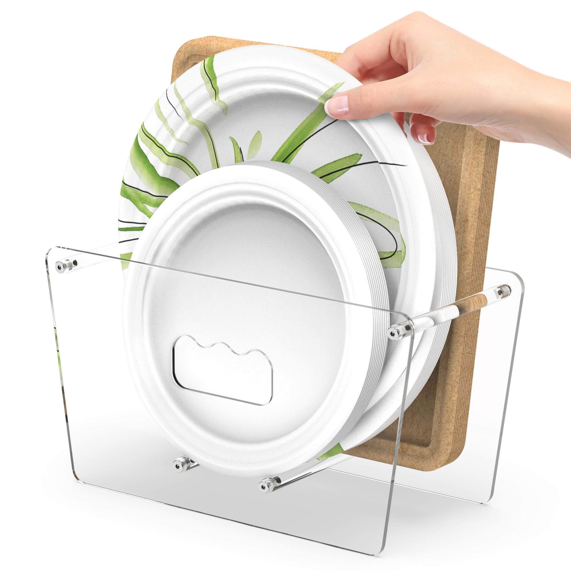 KALYLOC disposable plate dispenser front view for compact countertop storage.