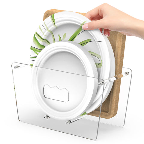 KALYLOC disposable plate dispenser front view for compact countertop storage.