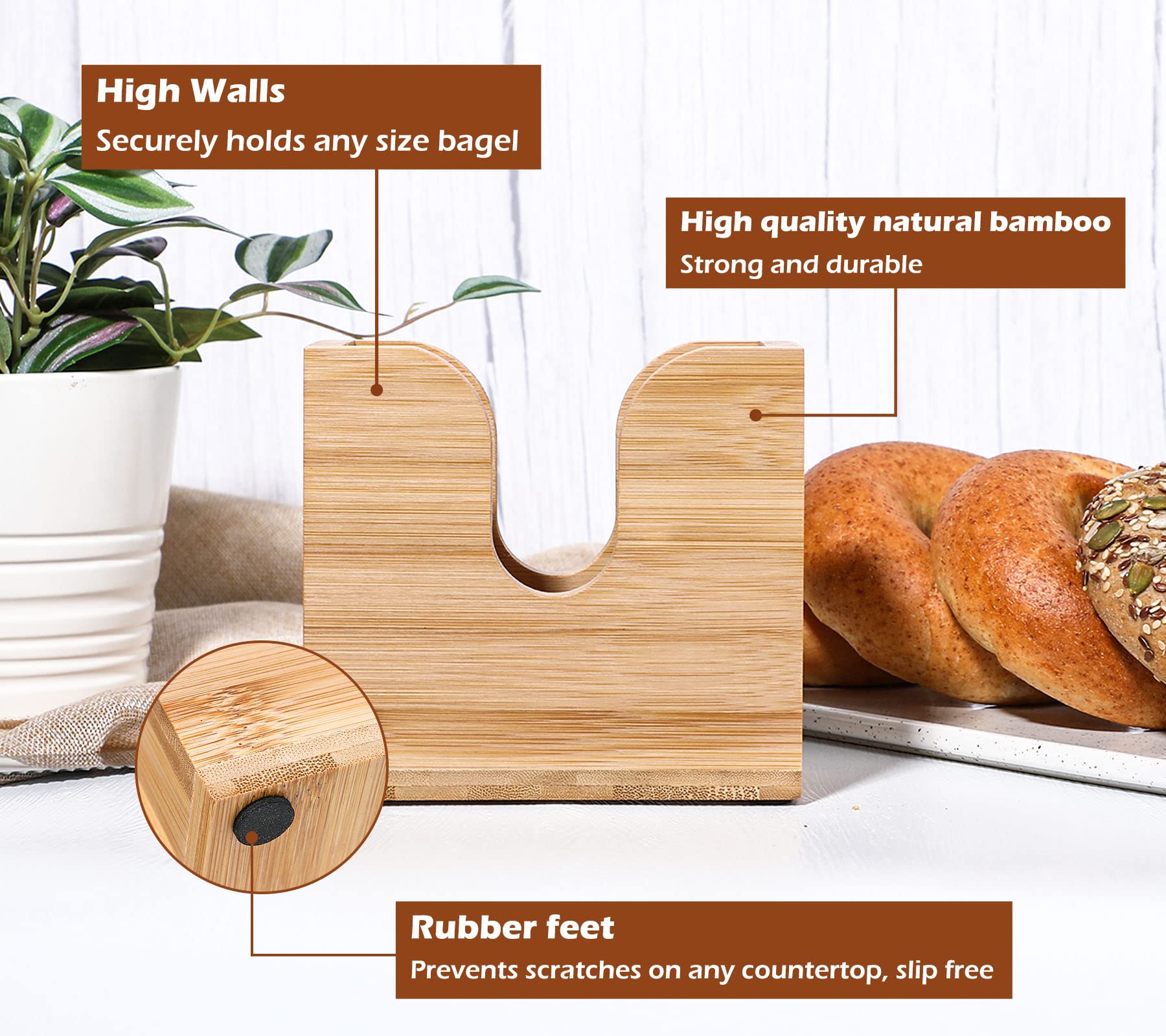 Close-up of bamboo finish on Kamehame bagel slicer for smooth cuts